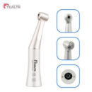Technical breakdown of the Tealth low speed external irrigation handpiece, showing a full profile view of the contra-angle body alongside detailed close-ups of the bur head, the rear push-button chuck mechanism, and the internal E-type base connector.