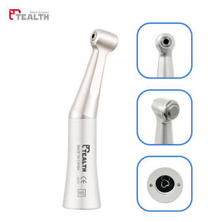 Technical breakdown of the Tealth low speed external irrigation handpiece, showing a full profile view of the contra-angle body alongside detailed close-ups of the bur head, the rear push-button chuck mechanism, and the internal E-type base connector.